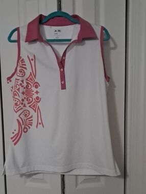 Adidas White Sleeveless Golf Polo Tank with Pink Trim and Side Graphic